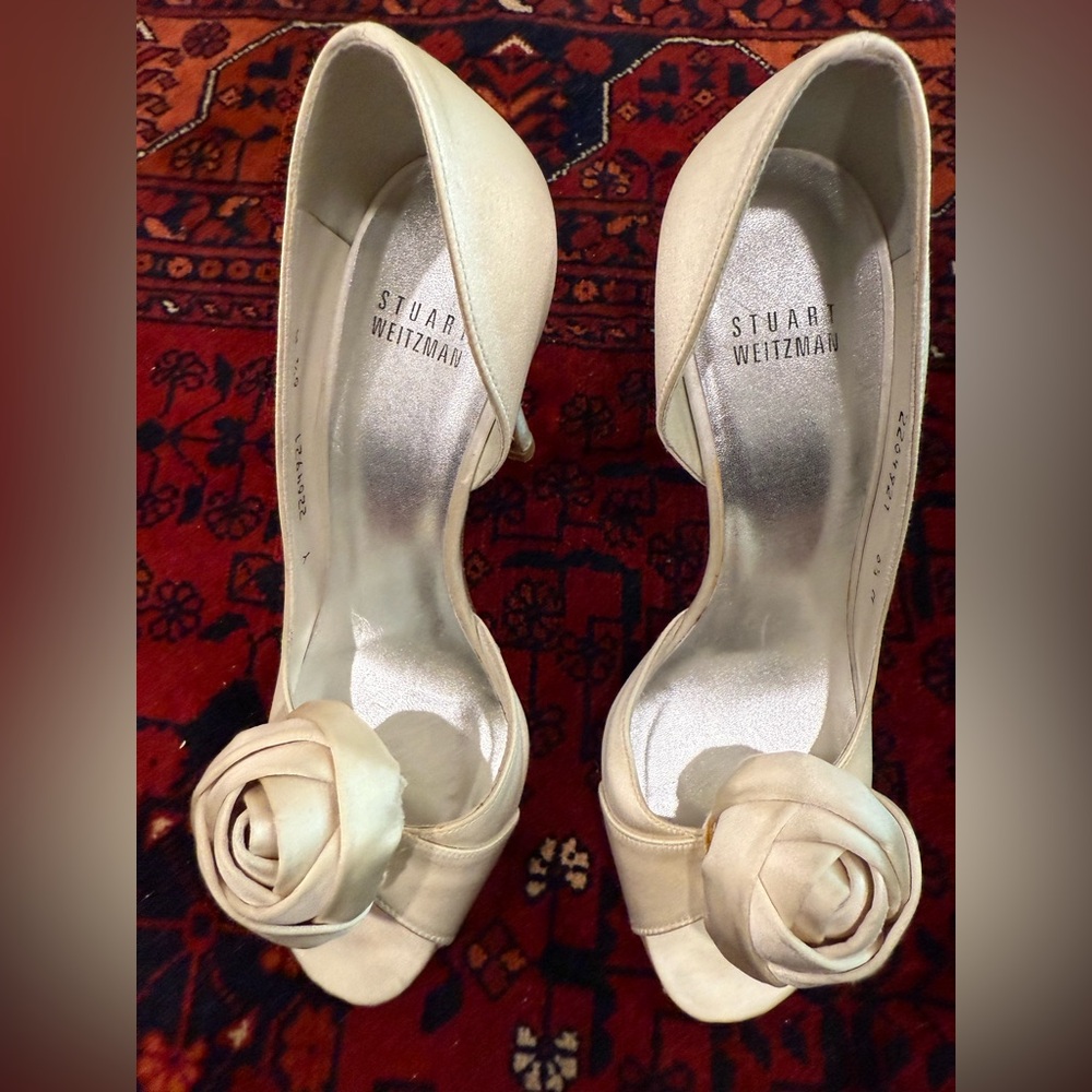 Stuart Weitzman Cream Pomposo Bridal Heels with Floral Accent
